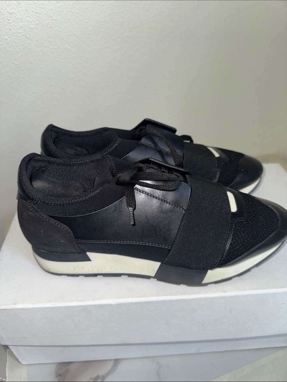 Balenciaga Black and White Slip-On Lace-Up Runner Sneakers